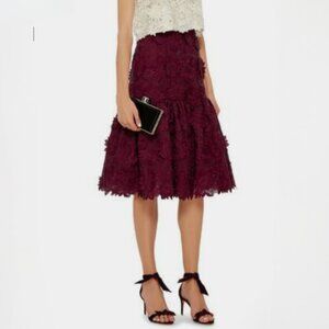 Costarellos Ruffled Guipure Lace Burgundy Midi Skirt